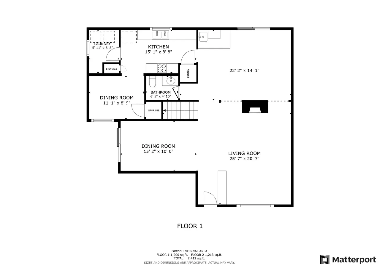 Floor plan of the first floor with the living room, two dining rooms, kitchen, laundry, and bathroom