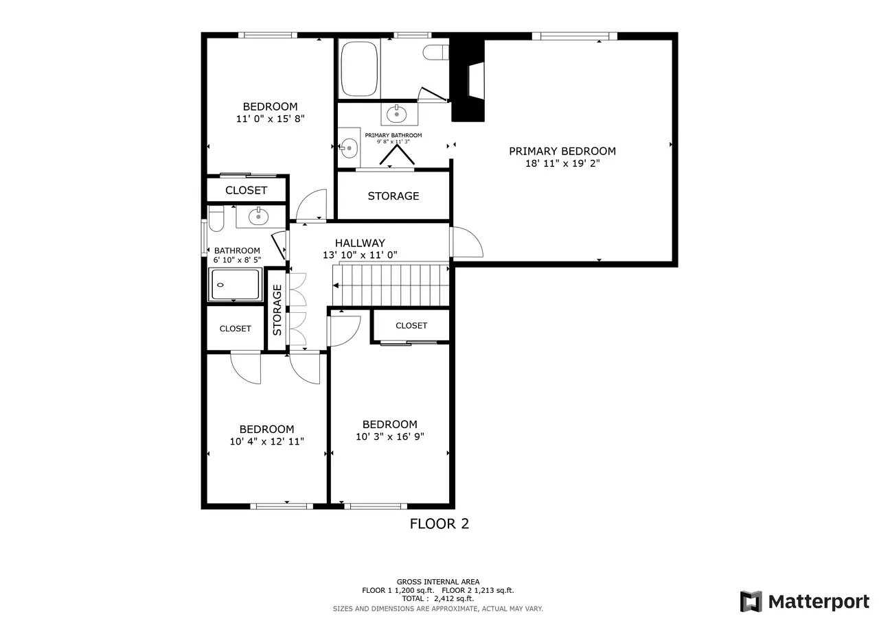 Floor plan of the second floor with the primary bedroom and bathroom, three bedrooms, and a bathroom